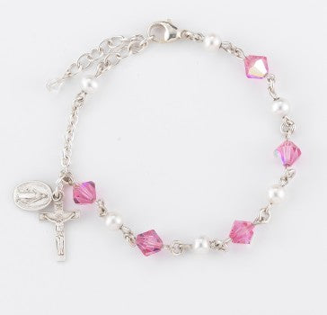 6mm Pink Crystal & Freshwater Pearl Sterling Silver Rosary Bracelet (Boxed)