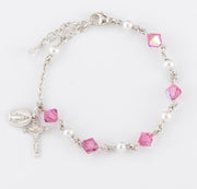 6mm Pink Crystal & Freshwater Pearl Sterling Silver Rosary Bracelet (Boxed)