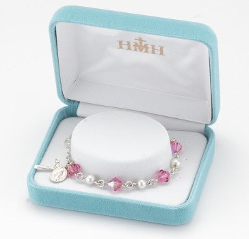 6mm Pink Crystal & Freshwater Pearl Sterling Silver Rosary Bracelet (Boxed)