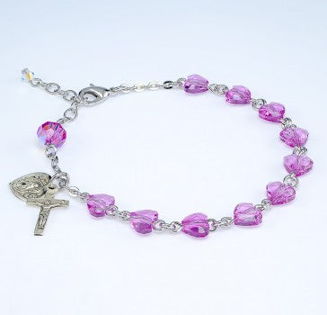 8mm Pink Crystal Heart Rosary Bracelet in Sterling Silver