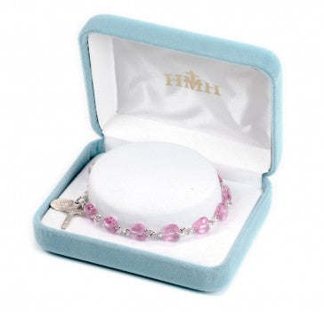 8mm Pink Crystal Heart Rosary Bracelet in Sterling Silver