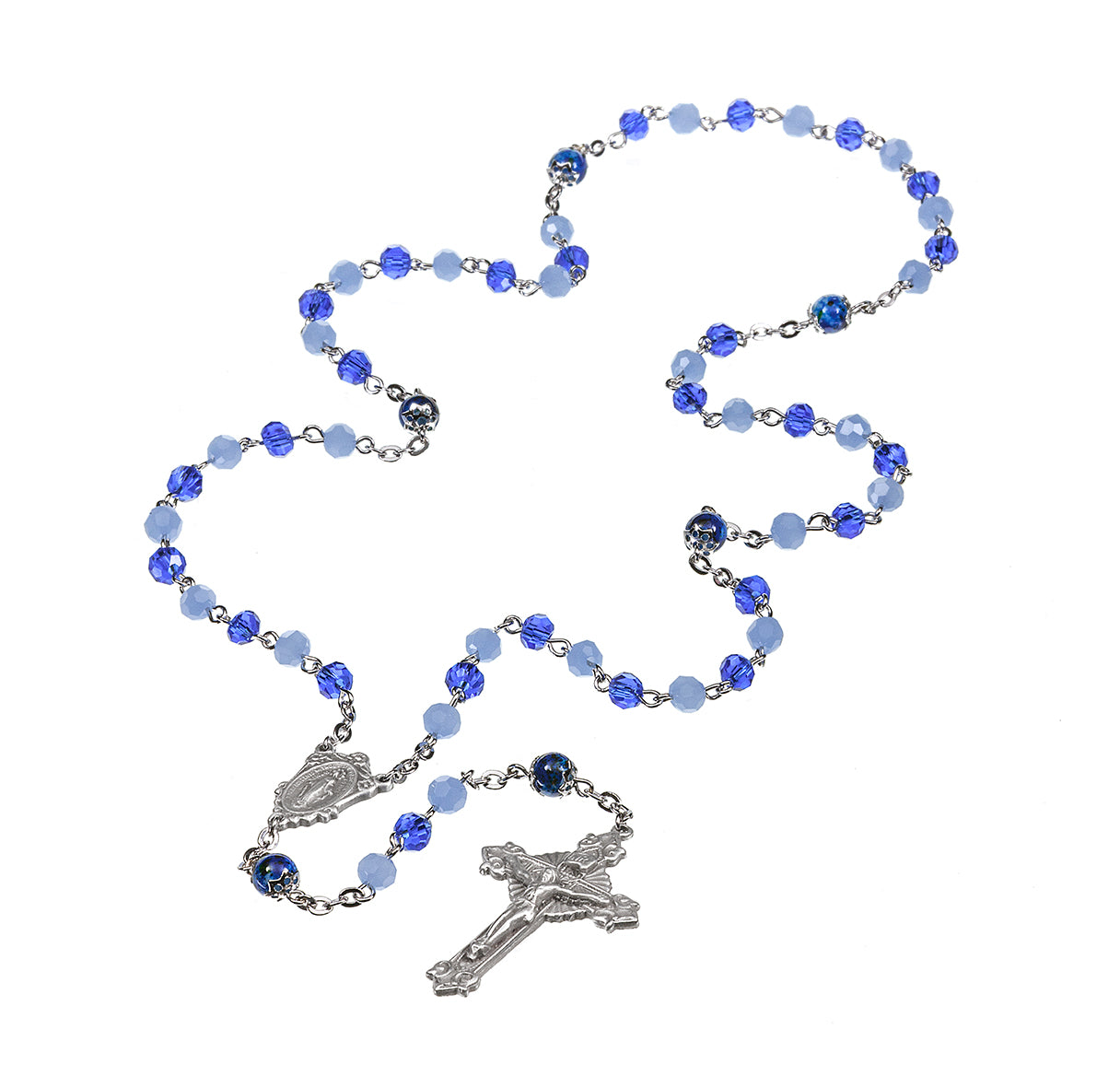 8mm Blue Opal Caribbean Faceted 5mm Glass Bead with New England Pewter Crucifix and Center