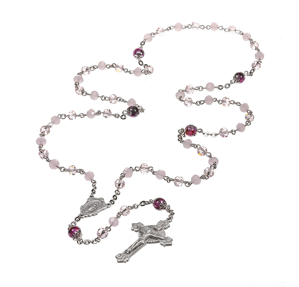 8mm Pink Rose Opal Rose Faceted 5mm Glass Bead with New England Pewter Crucifix and Center