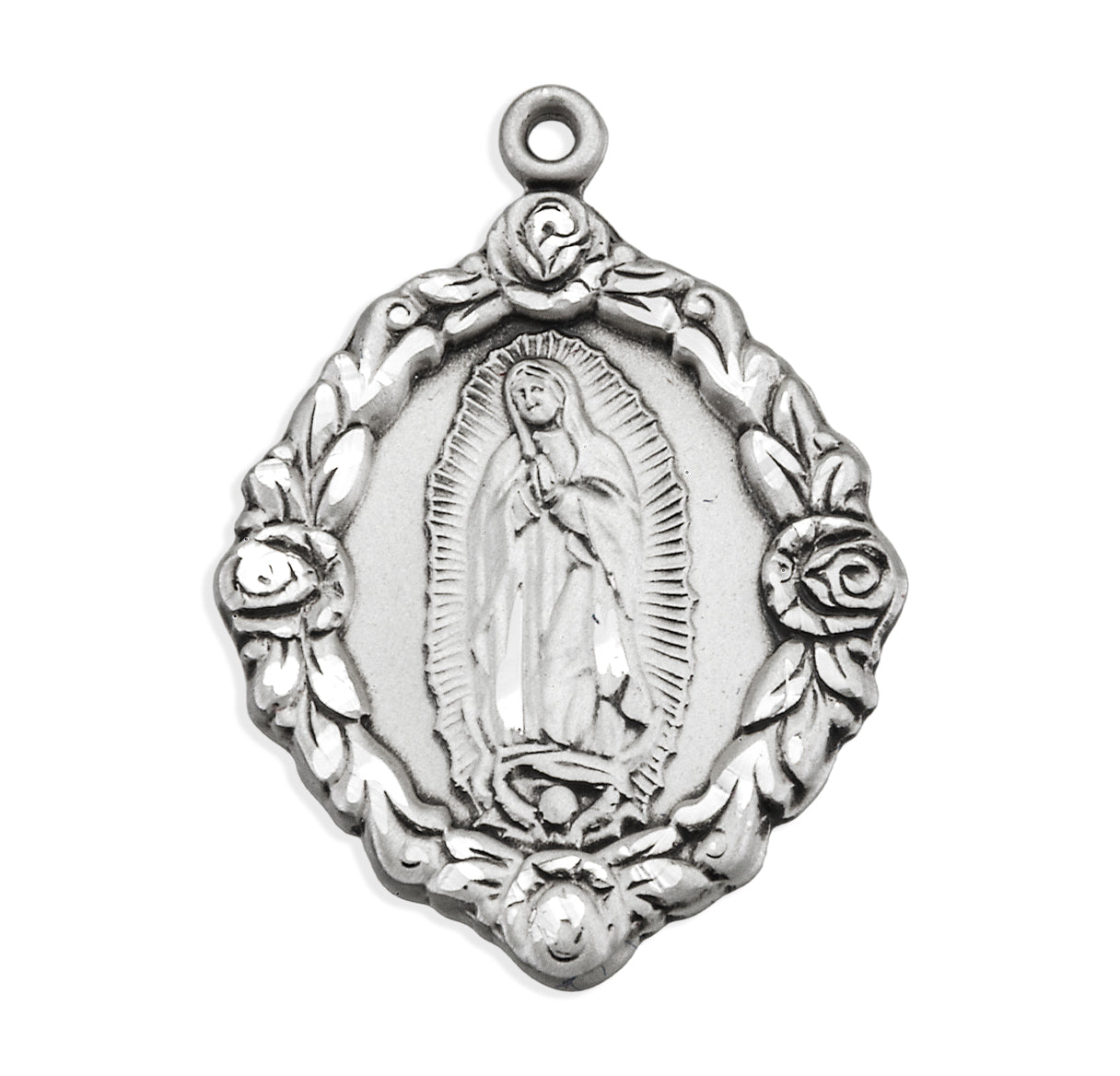 HMH Sterling Silver Guadalupe Medal W/Rose Border 24” Clasp Ch