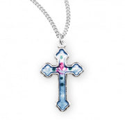 Sterling Silver Blue Enameled Cross with Flower on 13" Chain