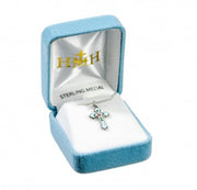 Sterling Silver Blue Enameled Cross with Flower on 13" Chain