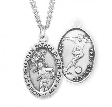 Sterling Silver Oval St. Sebastian Soccer Medal-24" Ch-Boxed