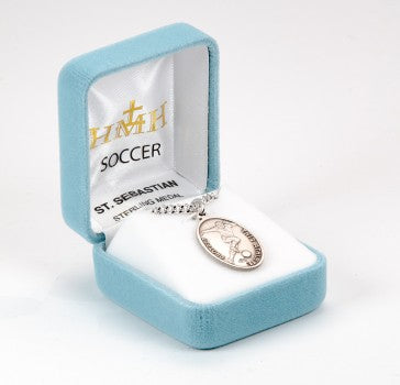 Sterling Silver Oval St. Sebastian Soccer Medal-24" Ch-Boxed