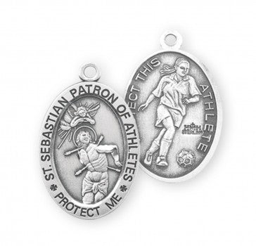 Sterling Silver Oval St. Sebastian Women's Soccer Medal 18" Ch-Boxed