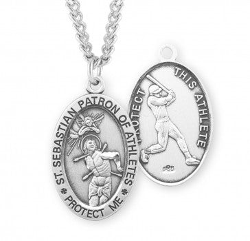 Sterling Silver Oval St Sebastian Baseball Medal-24" Ch-Boxed