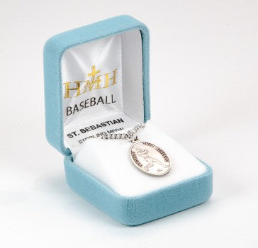 Sterling Silver Oval St Sebastian Baseball Medal-24" Ch-Boxed