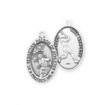 Sterling Silver Oval St Sebastian Baseball Medal-24" Ch-Boxed