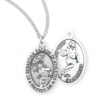 Sterling Silver Oval St. Sebastian Women's Basketball Medal 18" Ch-Boxed