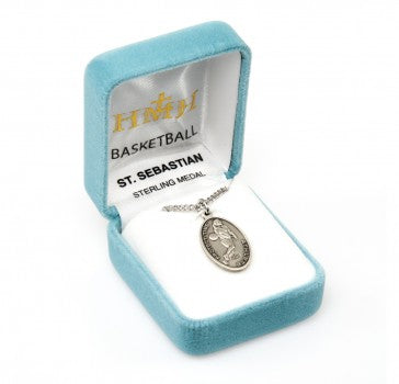 Sterling Silver Oval St. Sebastian Women's Basketball Medal 18" Ch-Boxed