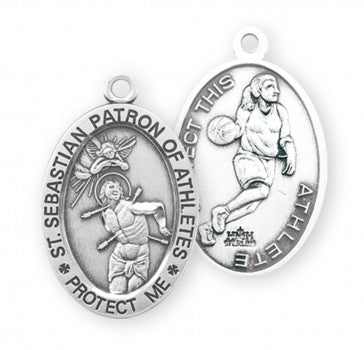 Sterling Silver Oval St. Sebastian Women's Basketball Medal 18" Ch-Boxed