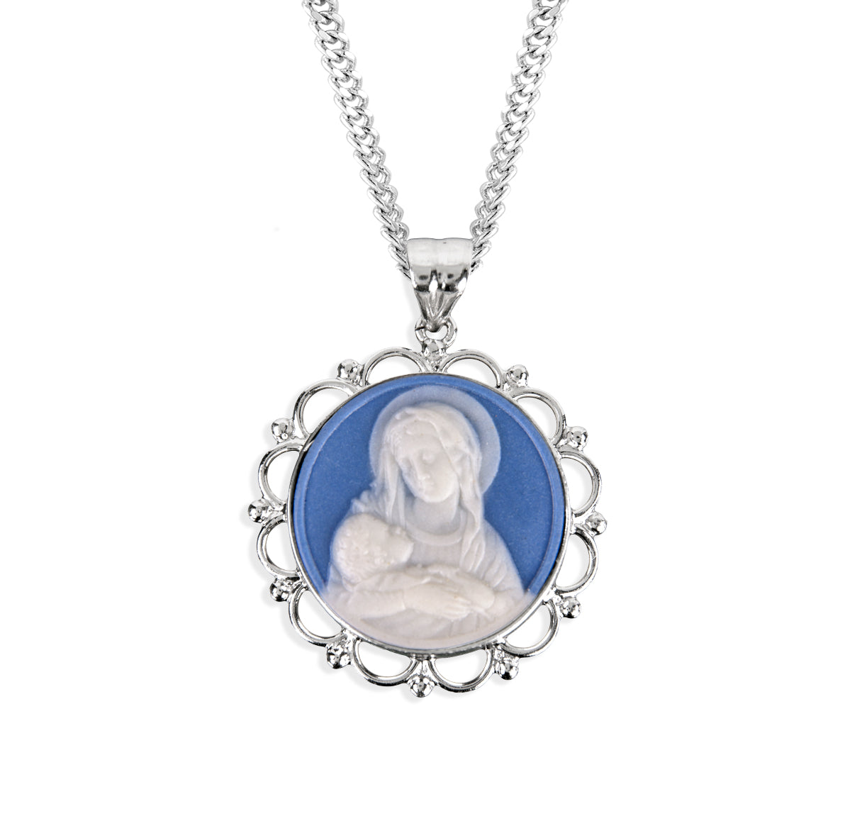 Light Blue Sterling Silver Madonna and Child Cameo Miraculous Medal