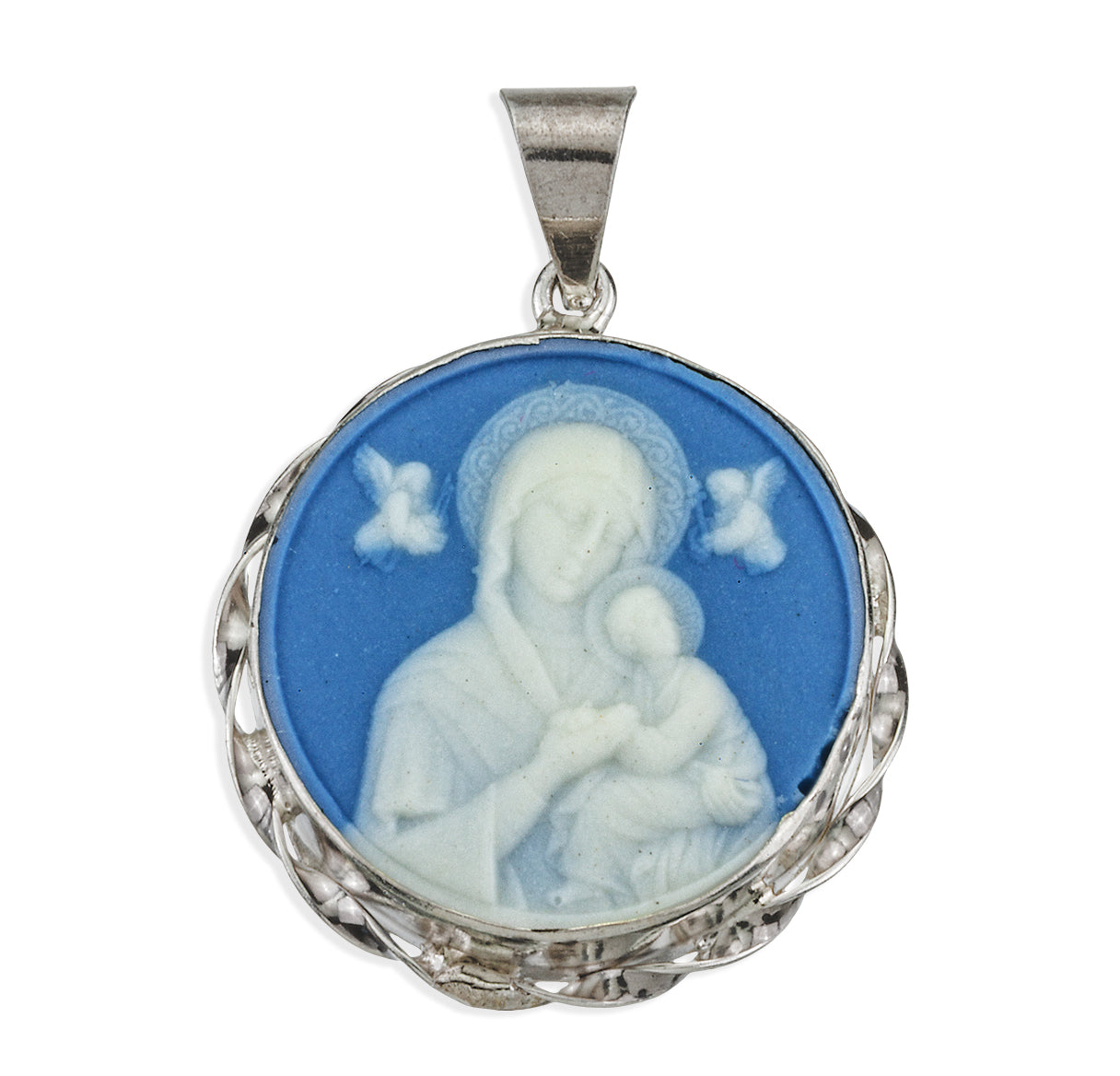 Light Blue Sterling Silver Our Lady of Perpetual Help Cameo Medal