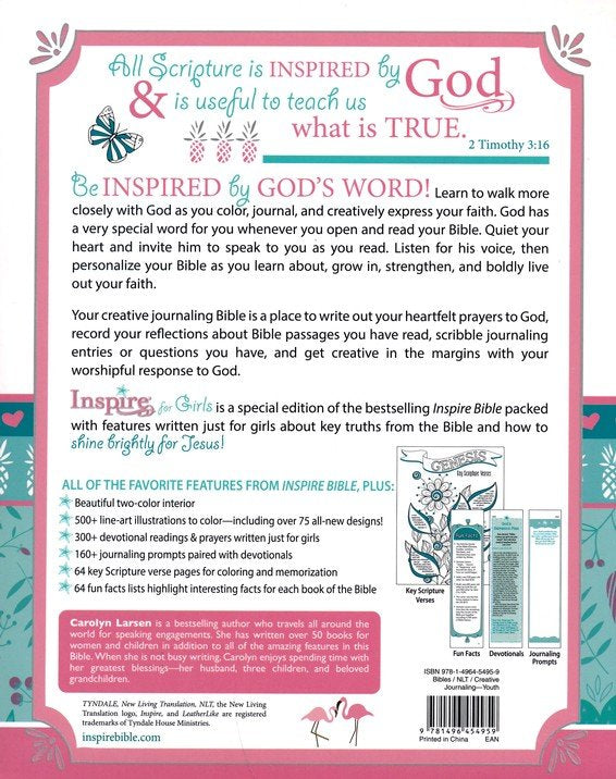 NLT Inspire Bible for Girls: The Bible for Coloring & Creative Journaling--Soft Leather-Look Pink