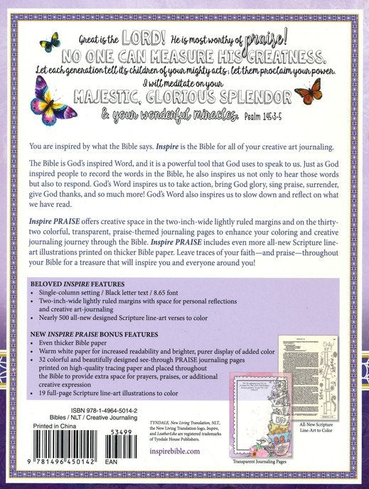 NLT Inspire Praise Bible: The Bible for Coloring & Creative Journaling--softcover, purple