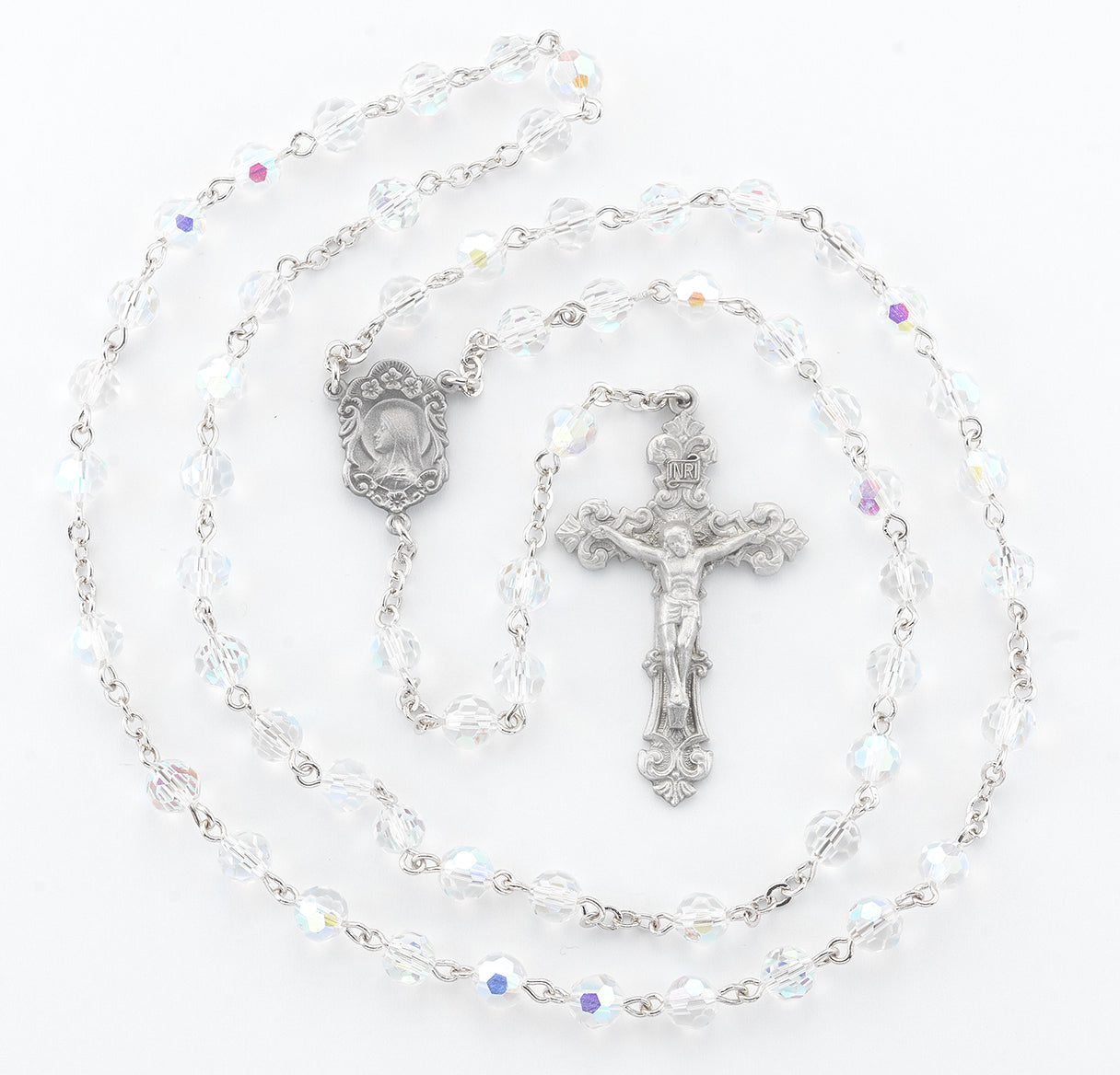 6mm Tin Cut Crystal Aurora Borealis Bead with New England Pewter Crucifix and Center