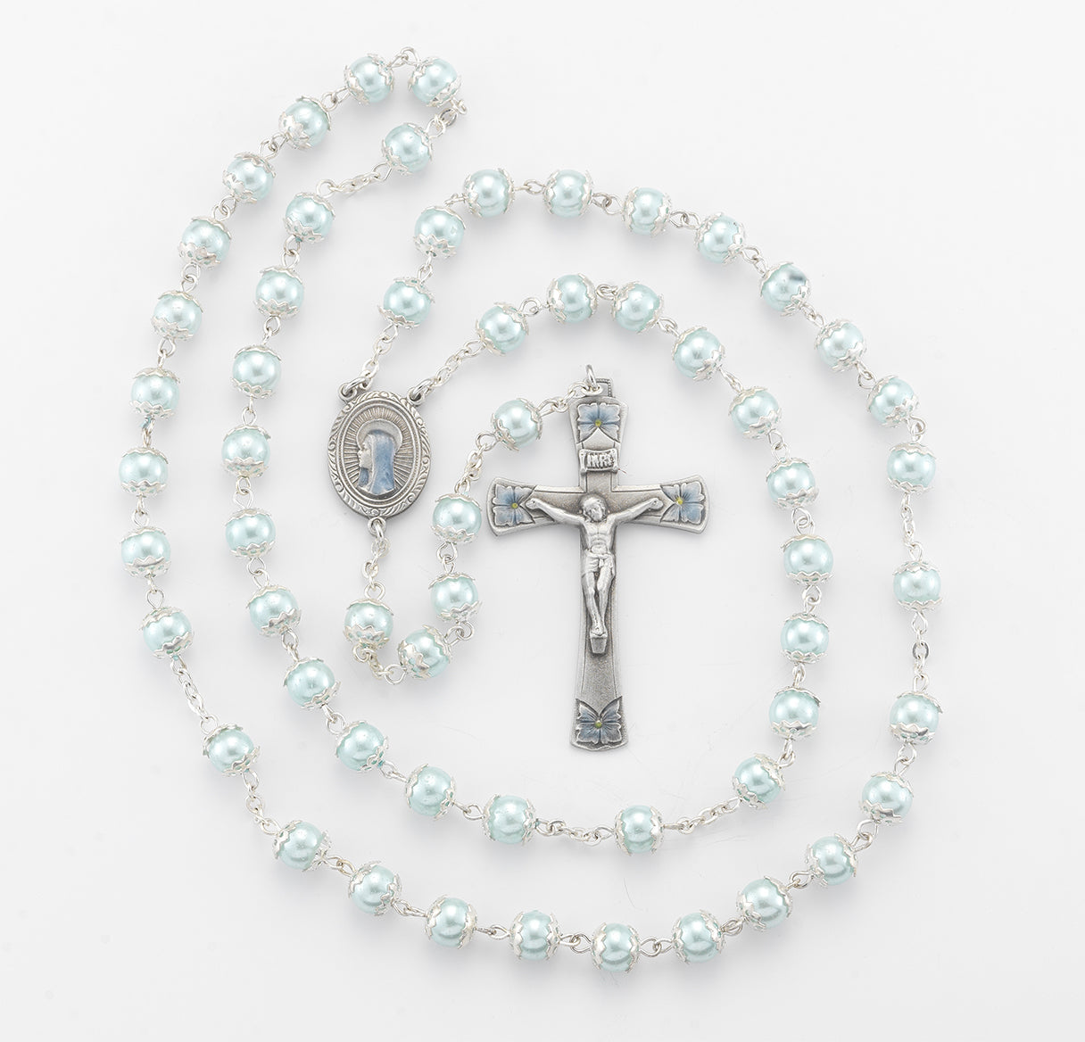 8mm Round Blue Glass Capped Bead with New England Pewter Blue Enameled Center & Crucifix