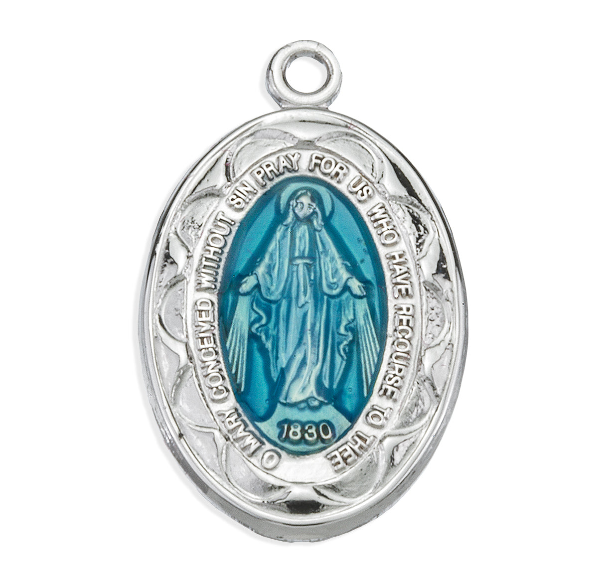 Sterling Silver Oval Blue Enameled Miraculous Medal