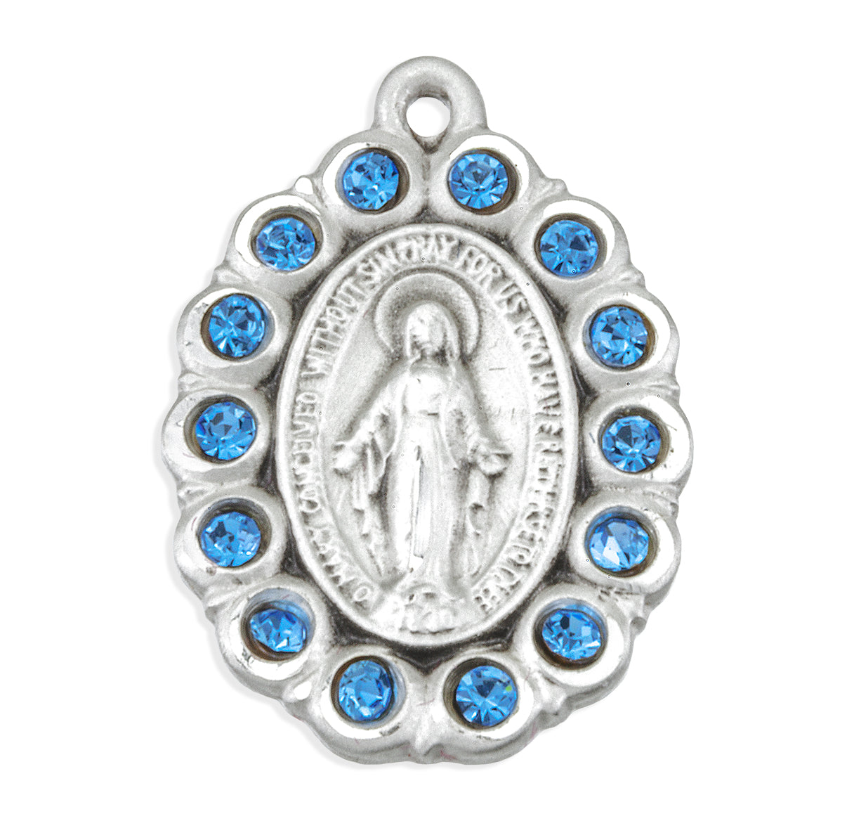 Sterling Silver Oval Miraculous Medal Set with Light Sapphire Crystals