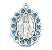 Sterling Silver Oval Miraculous Medal Set with Light Sapphire Crystals