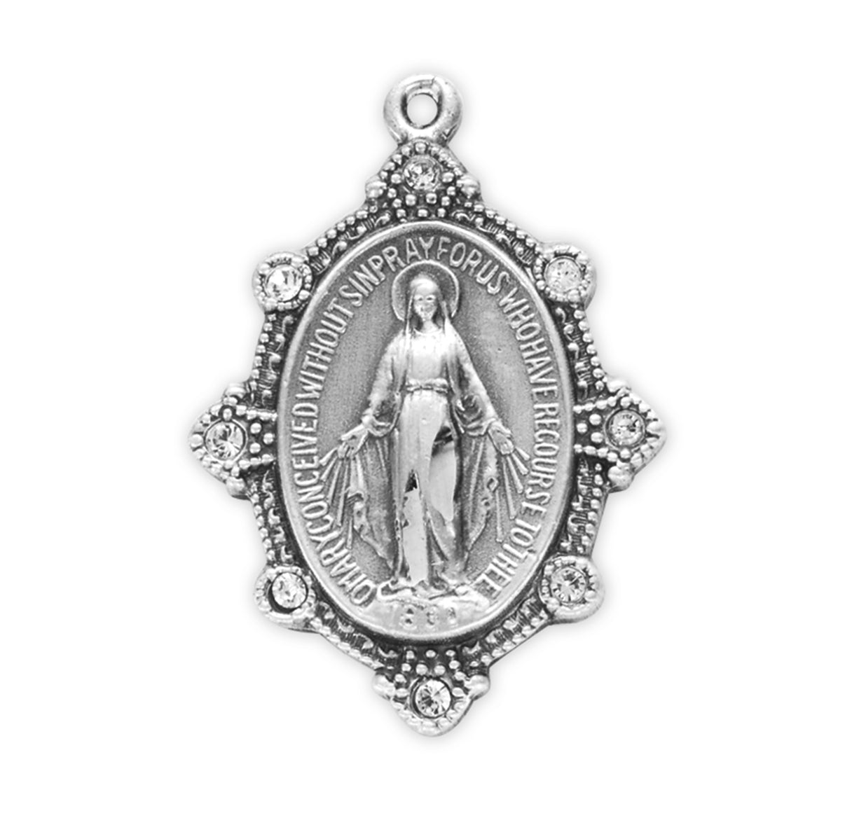 Sterling Silver Oval Miraculous Medal Set with Clear Crystals