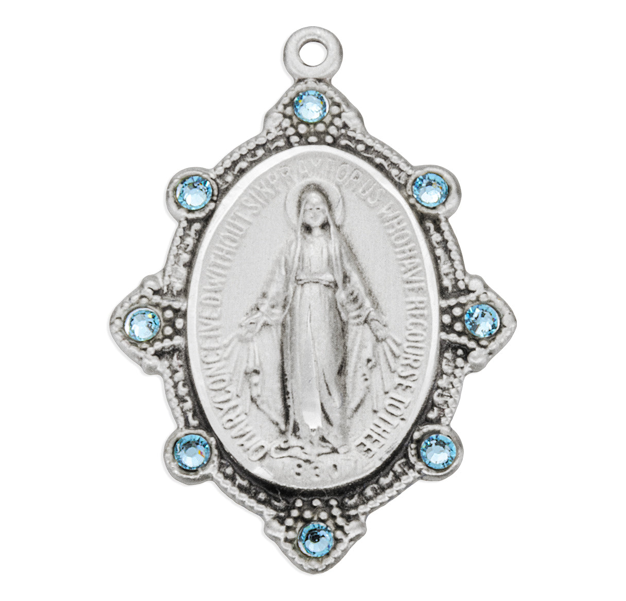Sterling Silver Oval Miraculous Medal Set with Light Sapphire Crystals