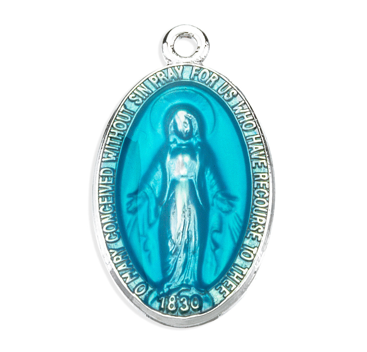 Sterling Silver Oval Blue Enameled Miraculous Medal
