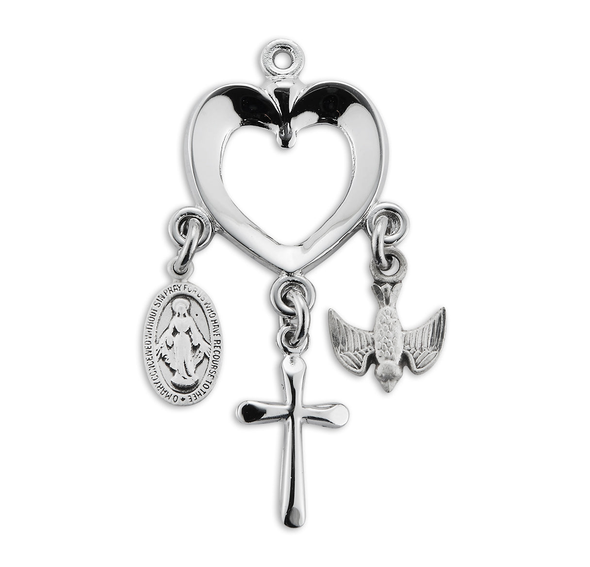Sterling Silver Heart with Miraculous Medal, Cross & Holy Spirit Charms