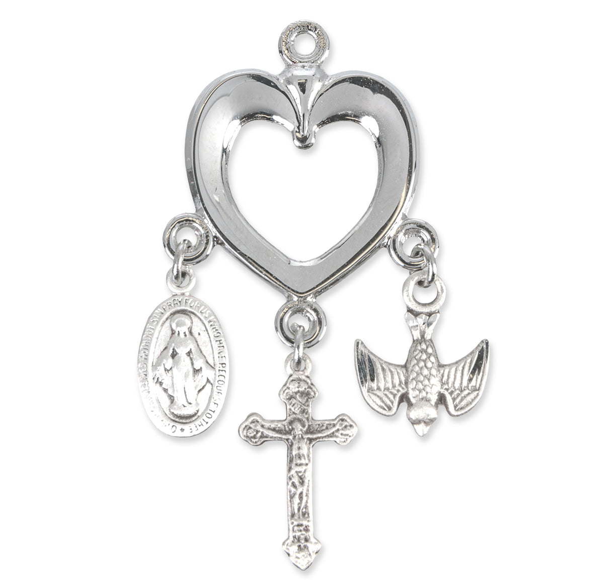 Sterling Silver Heart with Miraculous Medal, Crucifix & Holy Spirit Charms