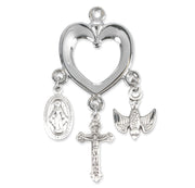 Sterling Silver Heart with Miraculous Medal, Crucifix & Holy Spirit Charms
