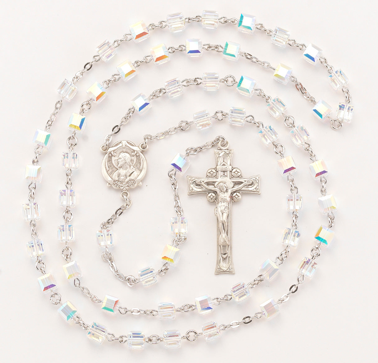 Sterling Silver Rosary handmade with finest Austrian Crystal 6mm Aurora Borealis Faceted Cube Shape Beads by HMH