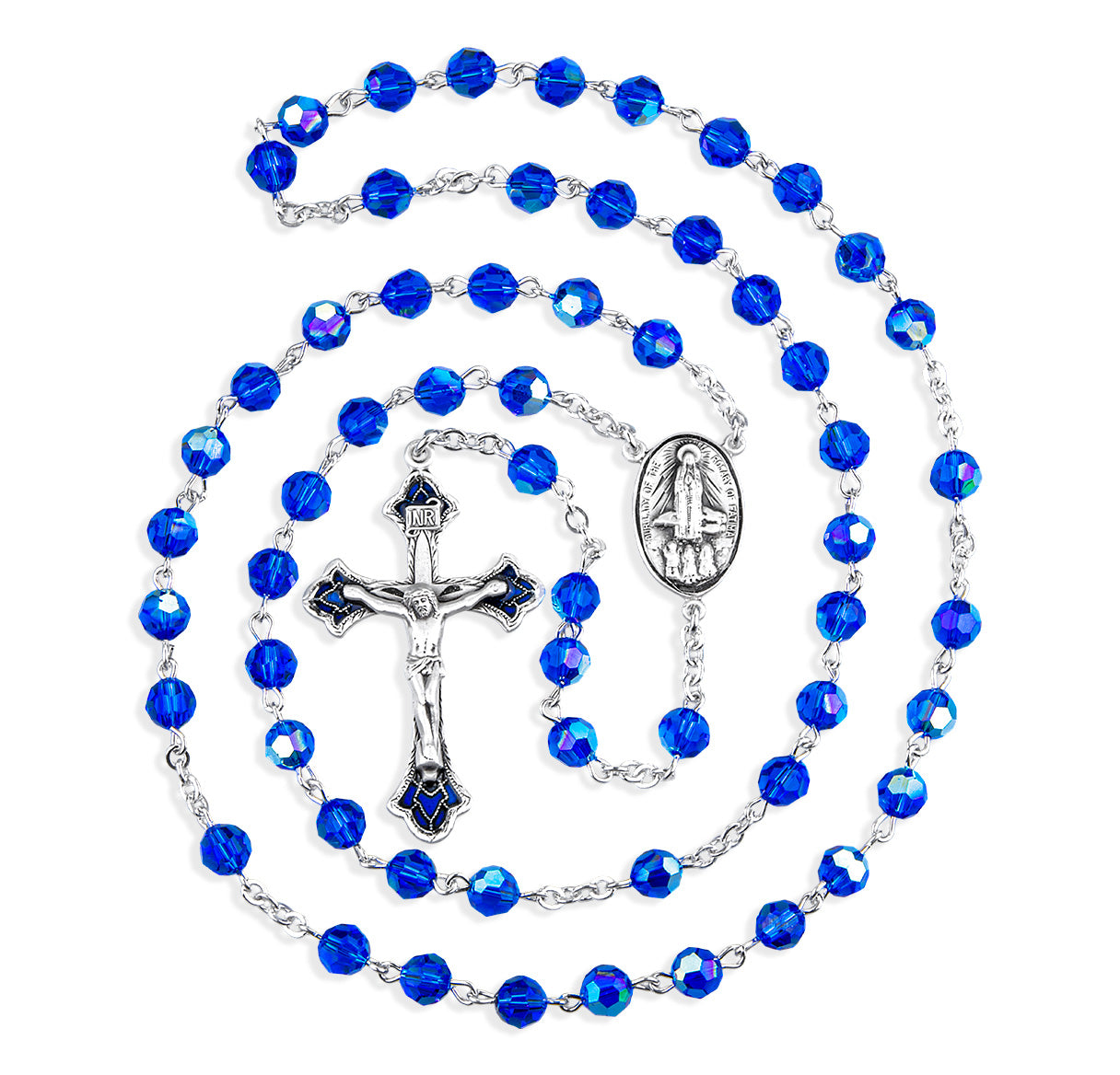 Sterling Silver Rosary Hand Made with finest Austrian Bermuda Blue Crystal 6mm Faceted Round Beads by HMH
