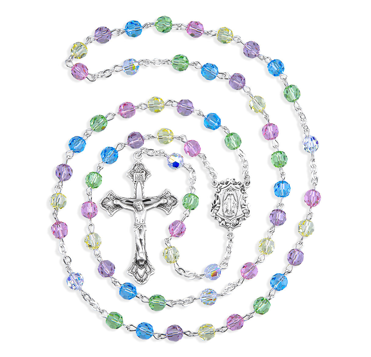 Sterling Silver Rosary Hand Made with finest Austrian Crystal 6mm Multi-Color Faceted Round Beads by HMH