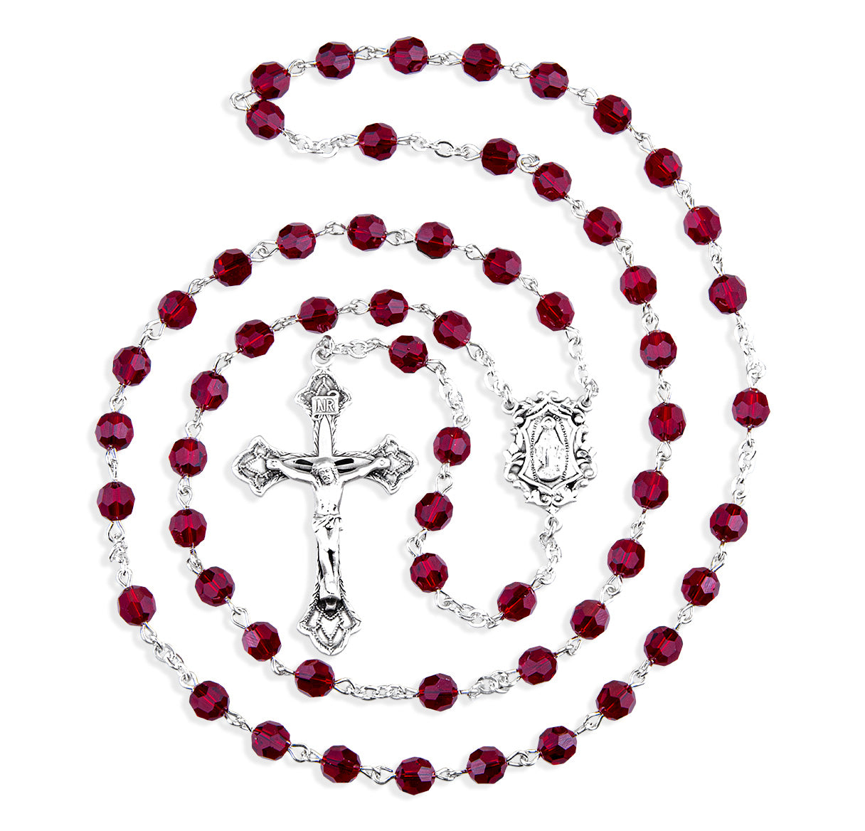Sterling Silver Rosary Hand Made with finest Austrian Crystal 6mm Ruby Faceted Round Beads by HMH