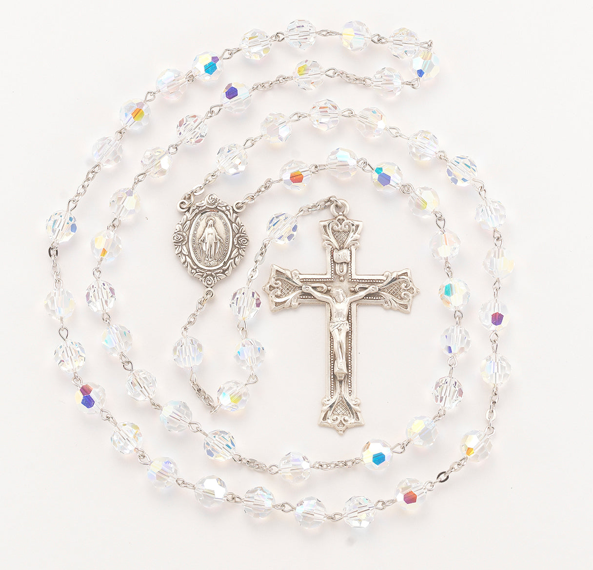 Sterling Silver Rosary Hand Made with finest Austrian Crystal 8mm Aurora Borealis Beads by HMH