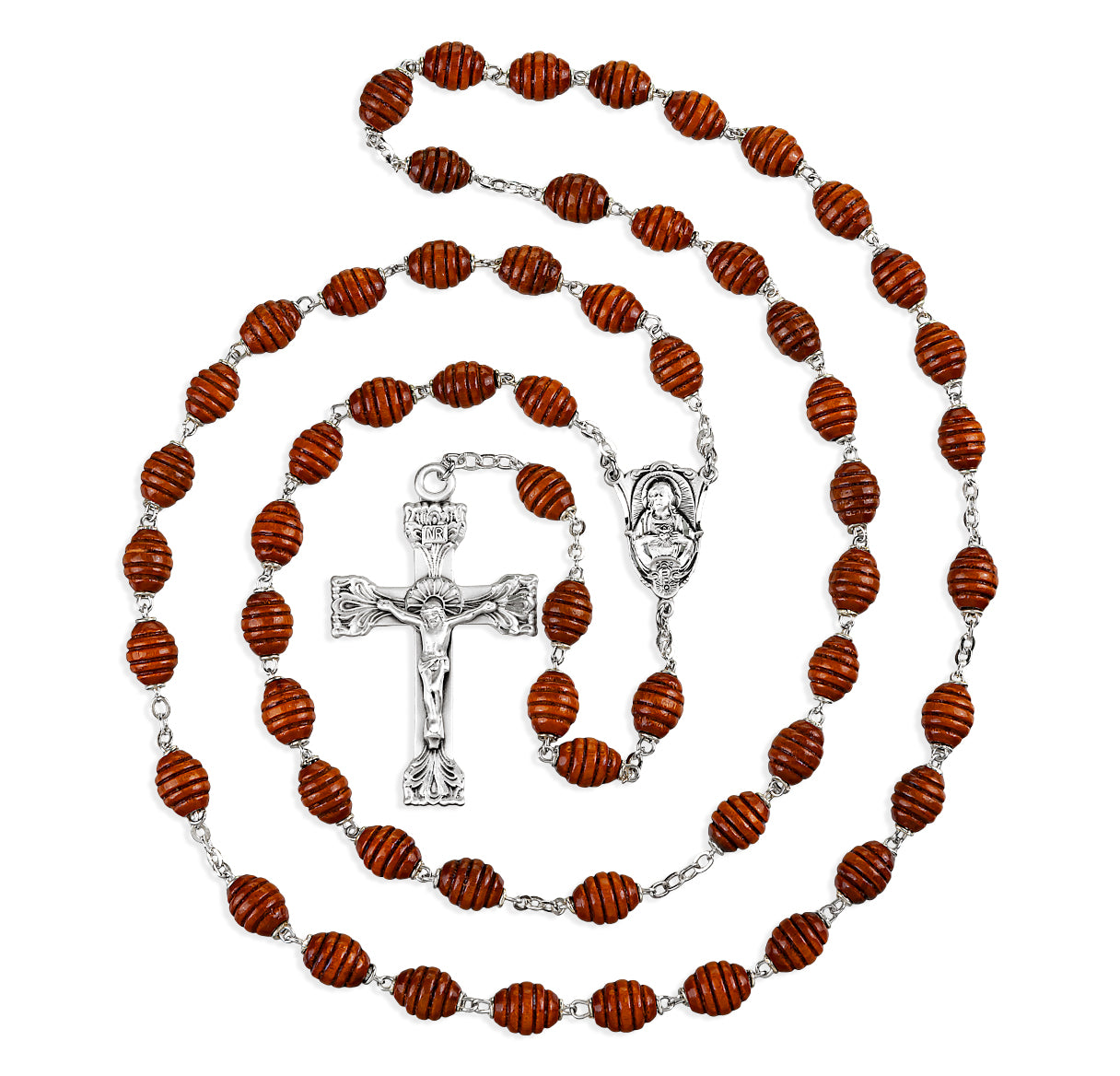 7x9mm Brown Oval Carved "Beehive" Boxwood Beads