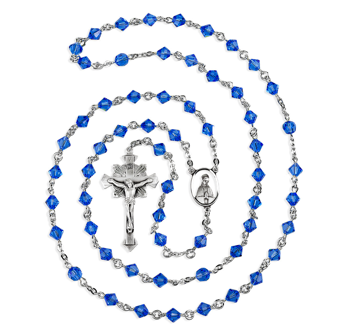 6mm Finest Sapphire Bi-Cone Beads with 6mm Faceted Round Finest Sapphire Crystal O.F. Beads