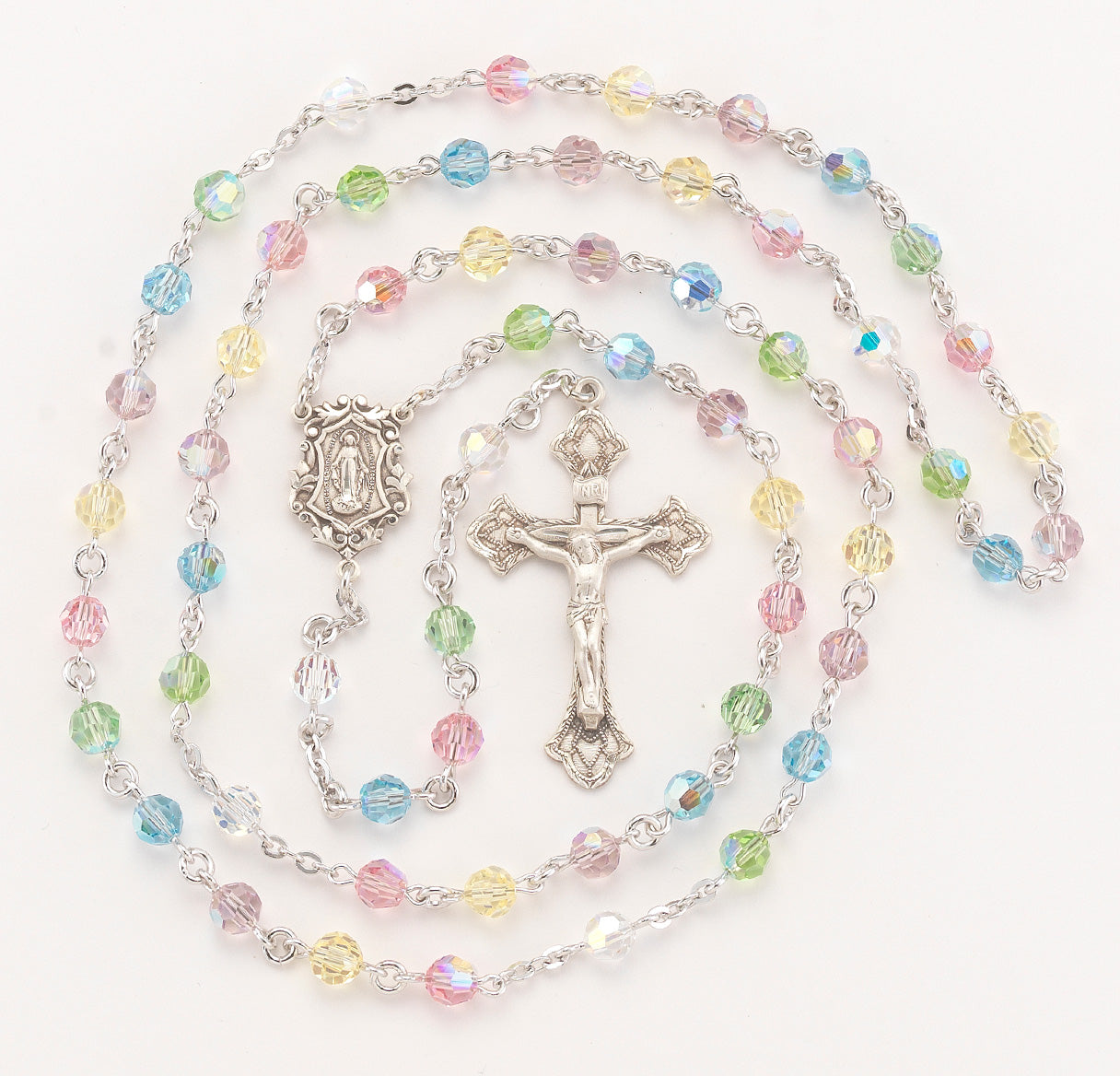 Rosary Sterling Crucifix and Centerpiece Created with finest Austrian Crystal 6mm Faceted Round Multi-Color Beads by HMH