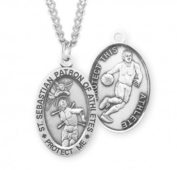 Sterling Silver Oval St. Sebastian Basketball Medal-24" Ch-Boxed