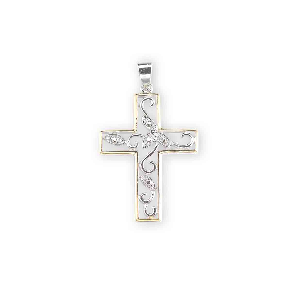 Crystal Cubic Zirconia's "CZ's" Sterling Silver Two Tone Vine Cross